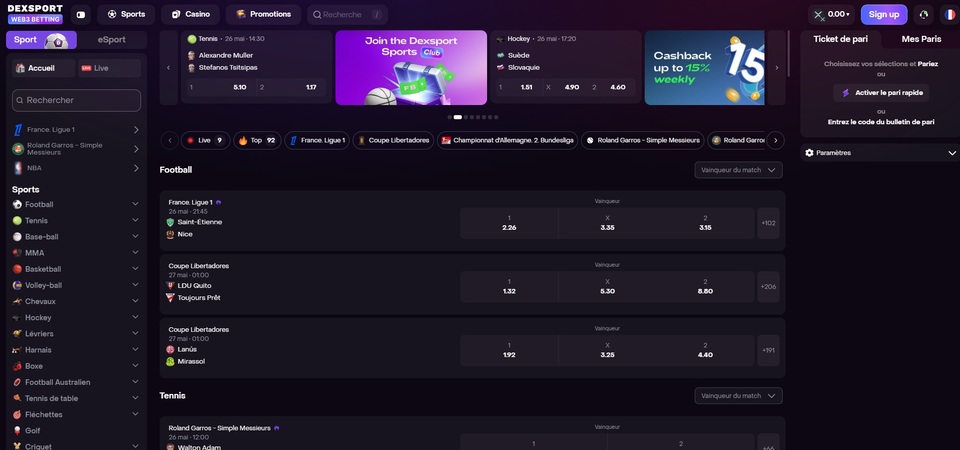 Capture d'écran de la page « Sports » du site Dexsport