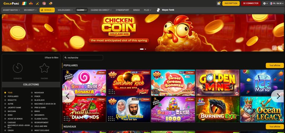 Capture d'écran de la page du casino sur GoldPari