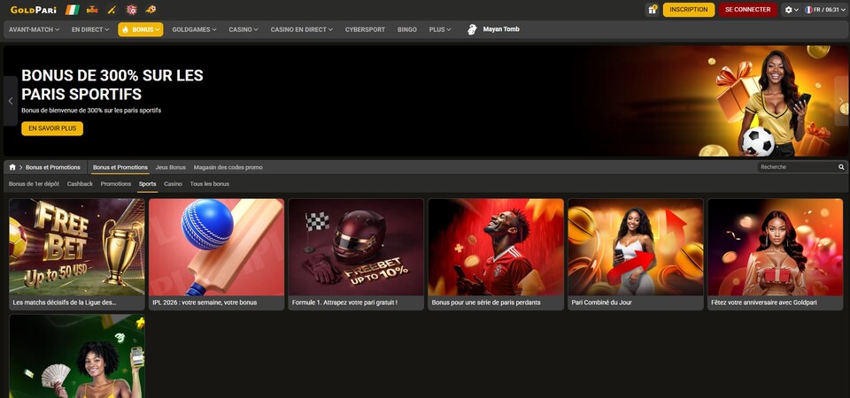 Capture d'écran de la page des promotions sur GoldPari