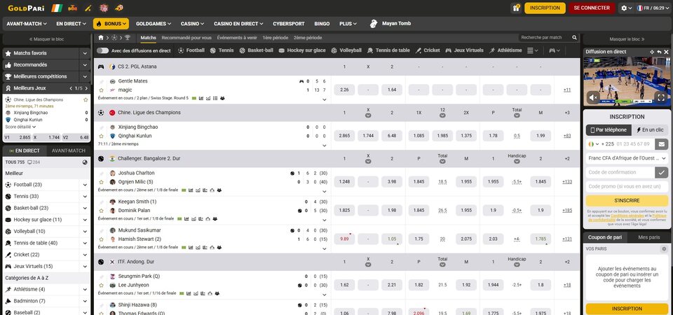 Capture d'écran de la page « Sports » sur GoldPari