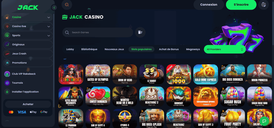 Capture d'écran de la page du casino Jack