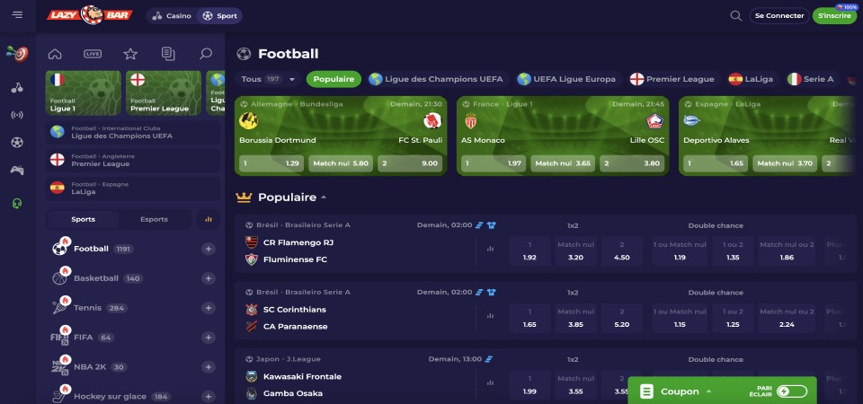 Capture d'écran de la page sportive du bookmaker