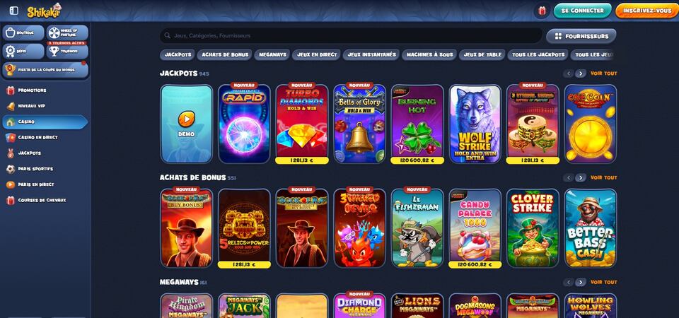 Capture d'écran de la page du casino sur Shikaka