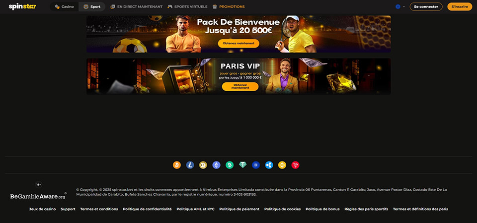 Capture d'écran de la page bonus Spinstar