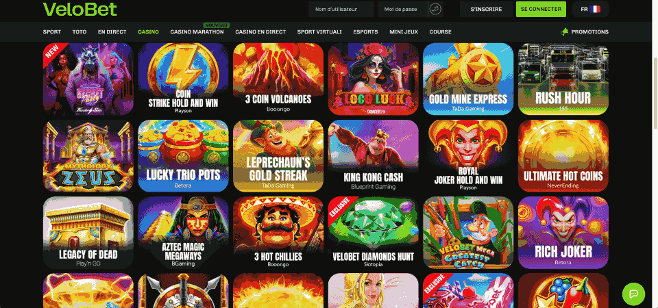 Capture d'écran de la page du casino Velobet