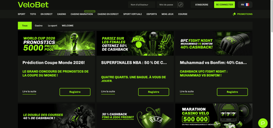 Capture d'écran de la page de promotion de Velobet