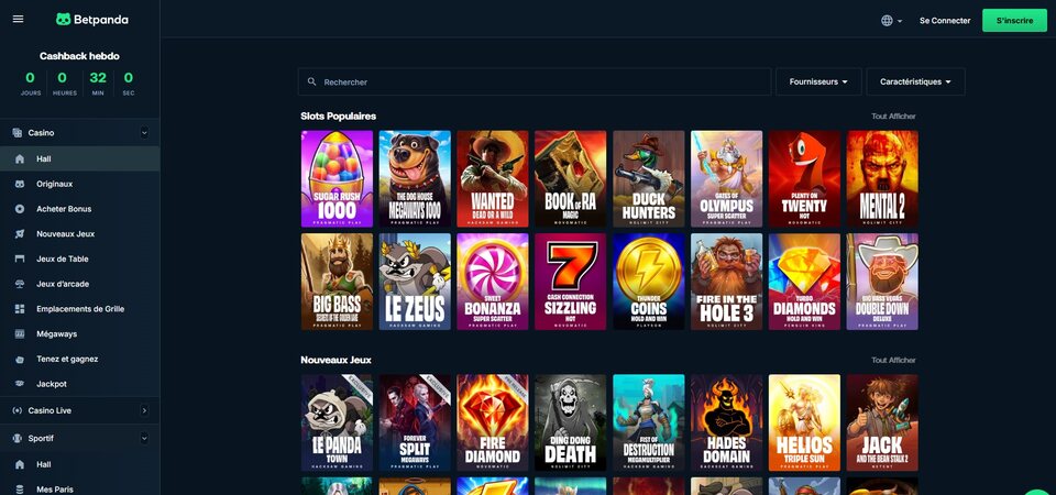 Capture d'écran de la page du casino sur Betpanda