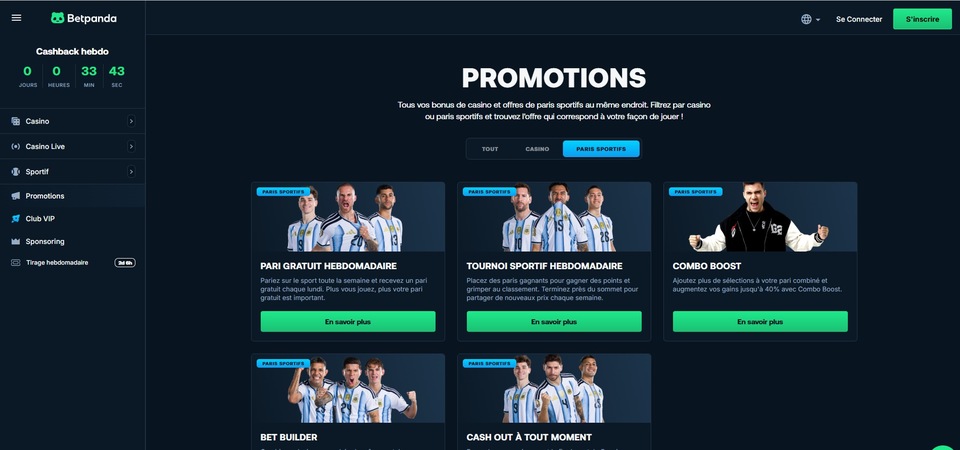 Capture d'écran des promotions sur Betpanda
