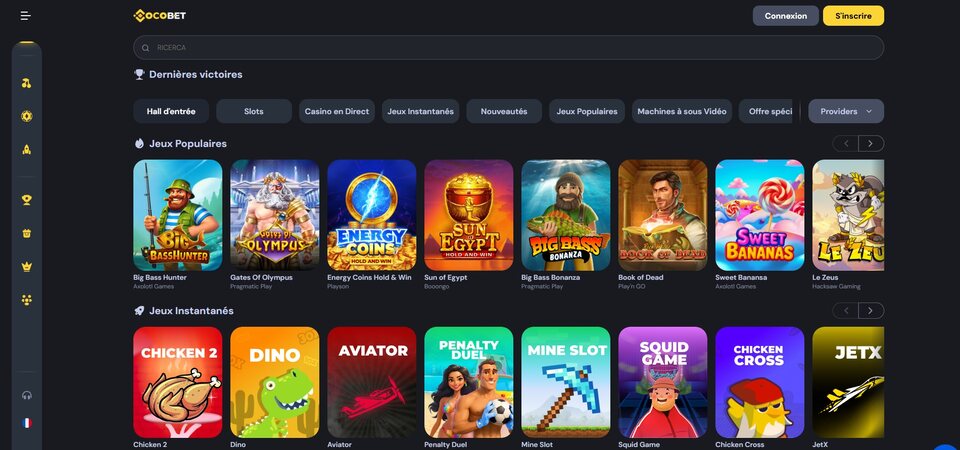 Capture d'écran de la page du casino sur Cocobet