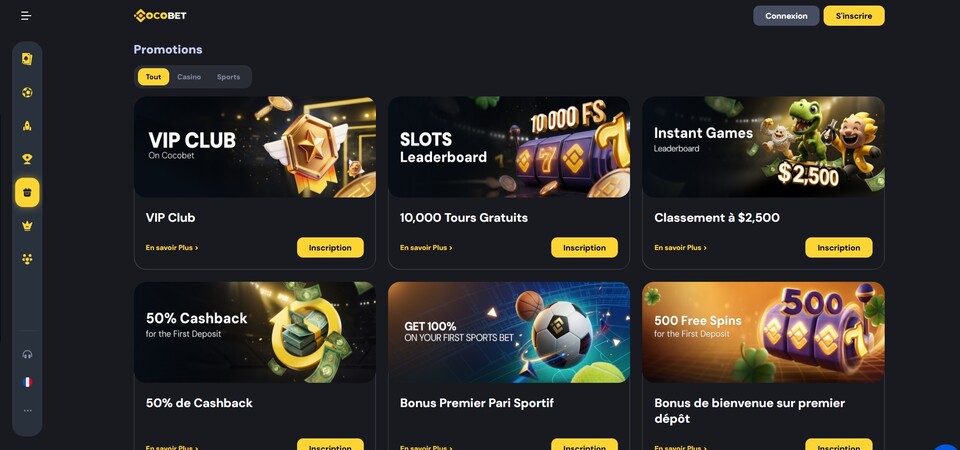 Capture d'écran de la page des promotions sur Cocobet