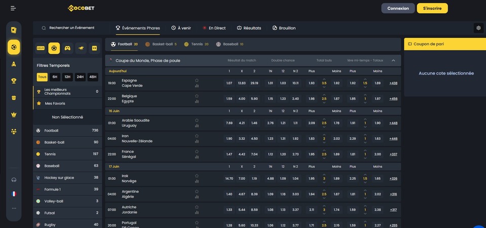 Capture d'écran de la page « Sports » sur Cocobet