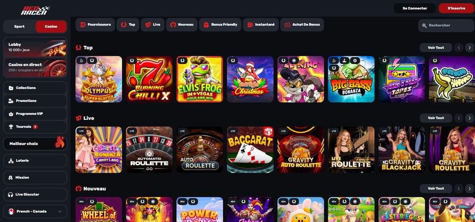 Capture d'écran de la page du casino sur Redracer