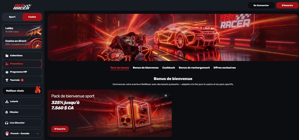 Capture d'écran de la page des promotions sur Redracer