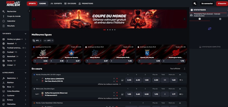 Capture d'écran de la page « Sports » du site Redracer