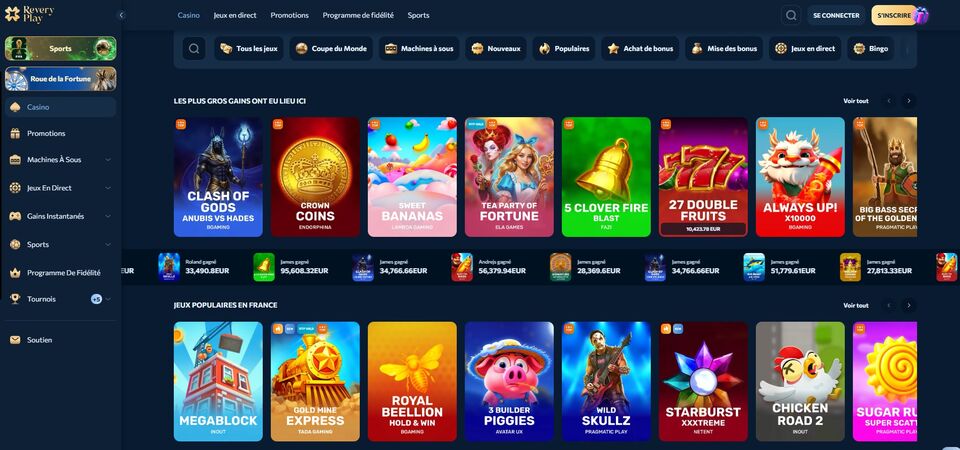 Capture d'écran de la page du casino sur Revery Play