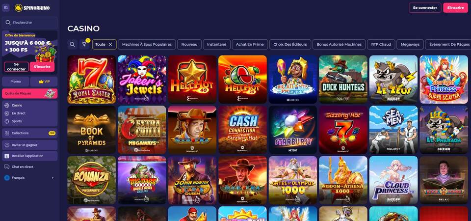 Capture d'écran de la page du casino sur SpinoRhino