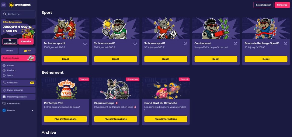 Capture d'écran de la page des promotions sur SpinoRhino
