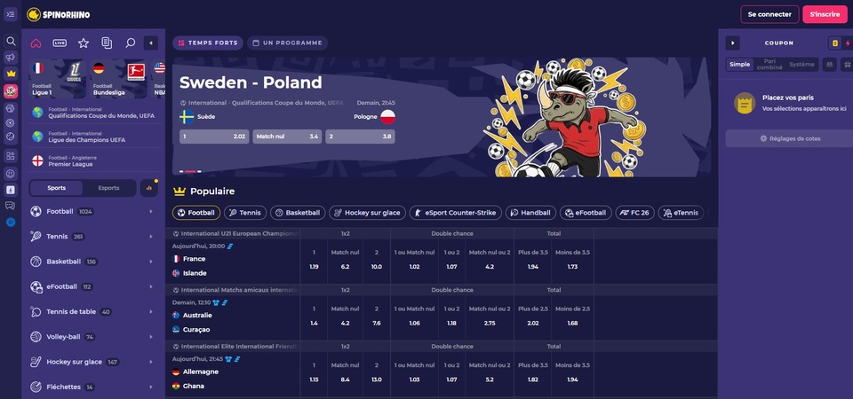 Capture d'écran de la page « Sports » du site SpinoRhino