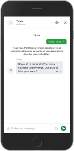 Capture d'écran mobile de la page de chat d'assistance du bookmaker