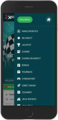 Capture d'écran mobile du menu du bookmaker