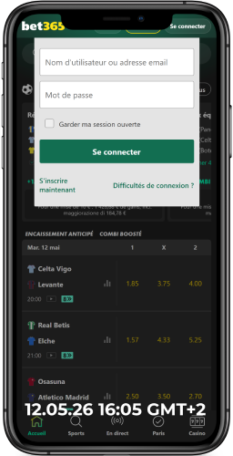 Capture d'écran de la page de connexion mobile de Bet365