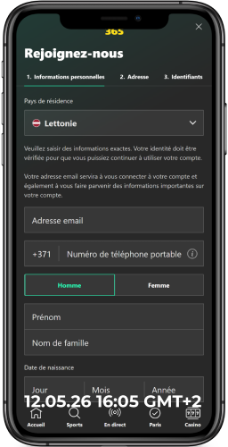 Capture d'écran de la page d'inscription mobile de bet365 avec options