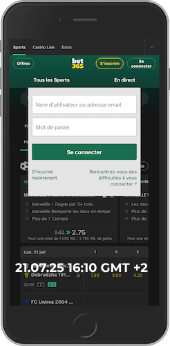 Capture d'écran de la page de connexion mobile de Bet365