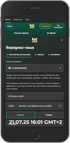 Capture d'écran de la page d'inscription mobile de bet365 avec options