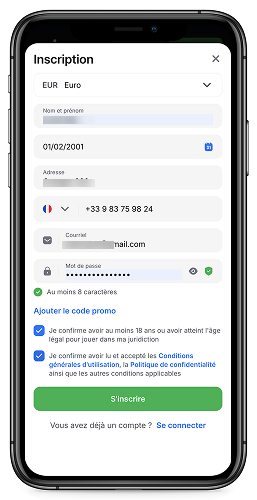Capture d'écran mobile de la première étape du processus d'inscription sur 1win