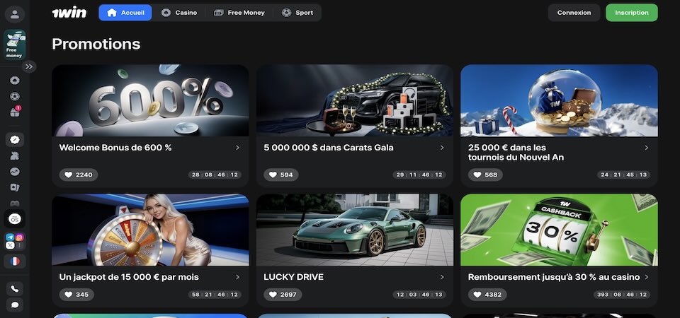 Capture d'écran de la page des bonus 1win