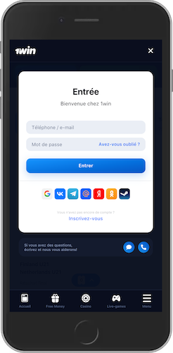 Capture d'écran mobile connexion sur 1win app