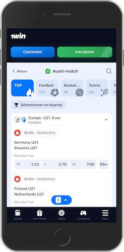 Capture d'écran mobile de la page sportive de 1win