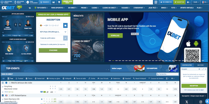 Capture d'écran de la page principale de 1xBet