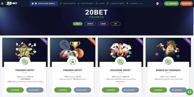 Capture d'écran de la page des promotions 20bet