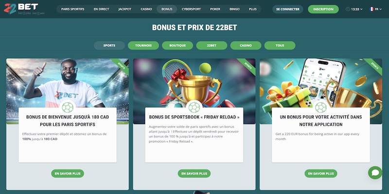 Capture d'écran de la page des promotions 22bet