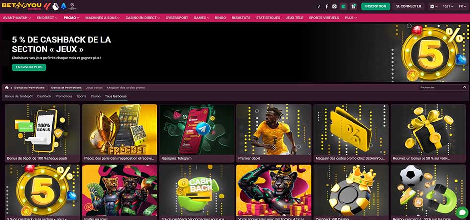 Capture d'écran de la page des bonus BetAndYou Africa