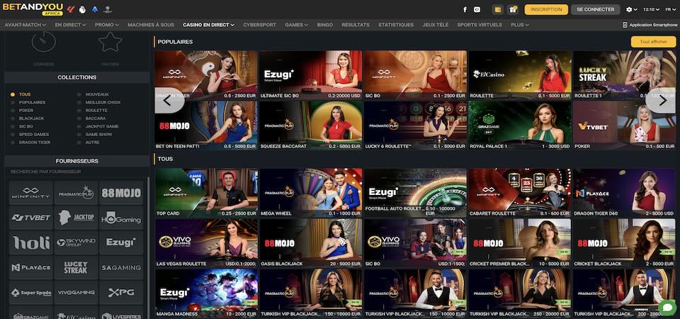 Capture d'écran de la page du casino BetAndYou Africa