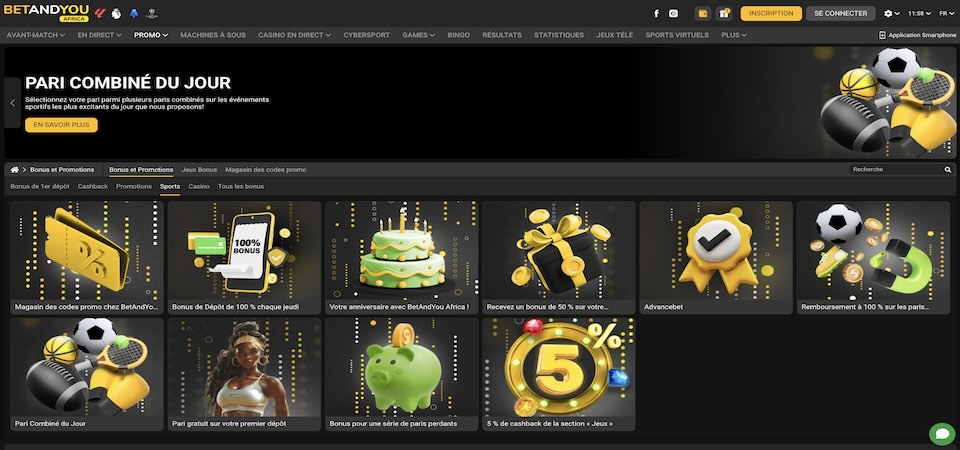 Capture d'écran de la page des bonus BetAndYou Africa