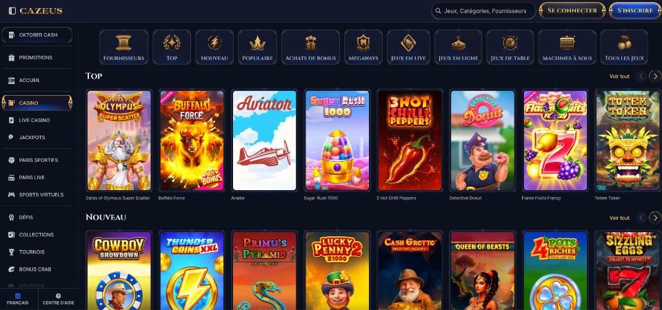 La capture d'écran de la page du casino Cazeus