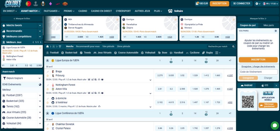 Capture d'écran de la page sport d'Coldbet