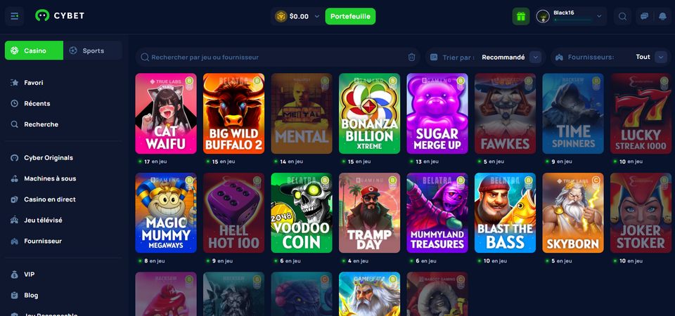 Capture d'écran de la page du casino Cybet