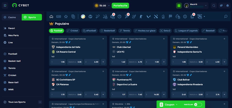 Capture d'écran de la page sports du bookmaker Cybet