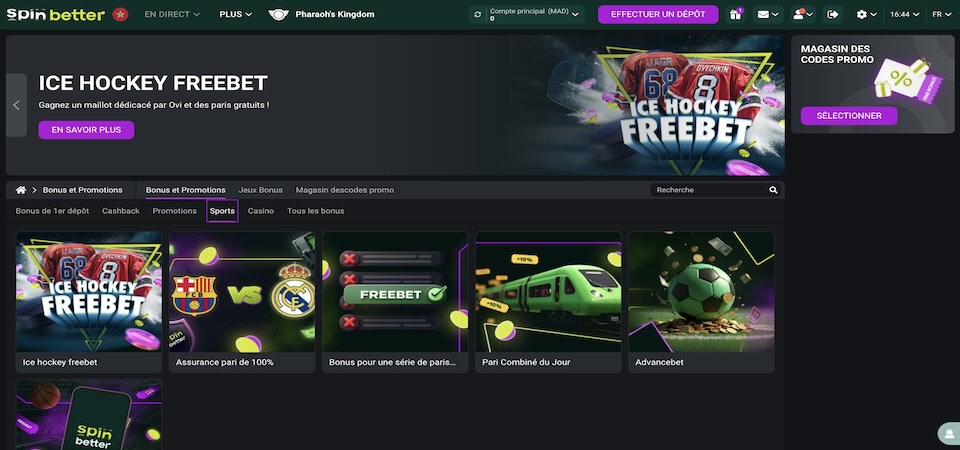 Capture d'écran de la page des bonus de Spinbetter Maroc