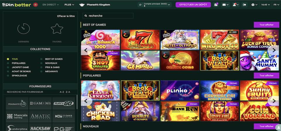 Capture d'écran de la page du casino Spinbetter au Maroc
