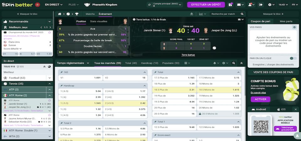 Capture d'écran de la page sport de Spinbetter Maroc