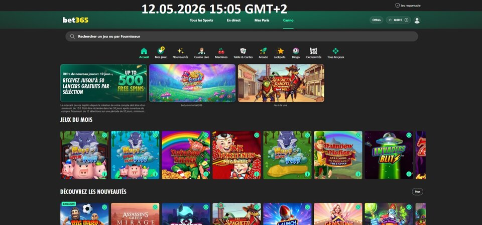 Capture d'écran de la page de casino de bet365