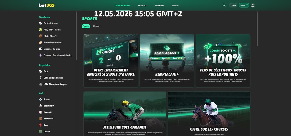 Capture d'écran de la page de promotion de bet365