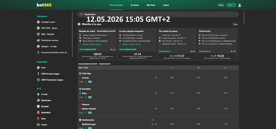 Capture d'écran de la page de sport de bet365