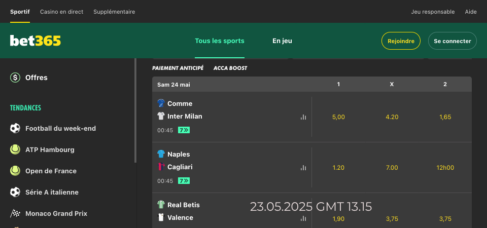 Capture d'écran de la page en direct de bet365