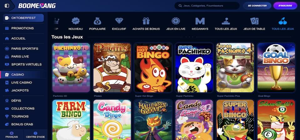 Capture d'écran de la page du casino Boomerang-Bet